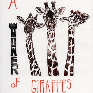 A Tower of Giraffes Print, Terms of Venery Collective Nouns for Animals, Typographic Lino Block Print image 4