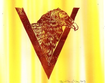 Vulture V Monogram Linocut, Alphabet Typographic Lino Block Print with Animal, Bird, V is for Vulture