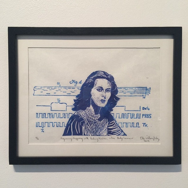 Hedy Lamarr Inventor of Frequency Hopping Spread Spectrum Linocut Portrait, Woman Scientist, Inventor and Hollywood Star Print Portrait image 5