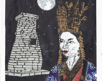 Queen Seondeok of Silla Lino Print, Astronomer Queen of Ancient Korea with Cheomseongdae Observatory
