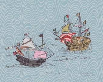 Two Ships IV, Lino Block Print with Mixed Papers, Historic Sailing Ships, Exploration