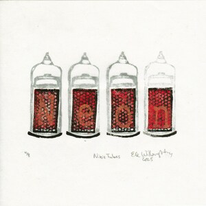 Neon Spelled With Nixie Tubes Lino Block Print
