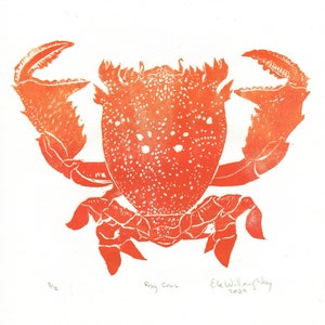 Lino Block Print Red Frog Crab, Ranina ranina, Spanner crab, True crab, Monarch of All Crabs image 3