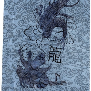 May include: A blue and black ink drawing of two dragons flying in a cloudy sky. The drawing is on a blue paper background with a stylized cloud pattern. The Chinese character for "dragon" is written in black ink below the dragons.
