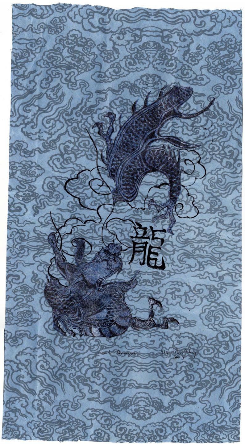 May include: A blue and black ink drawing of two dragons flying in a cloudy sky. The drawing is on a blue paper background with a stylized cloud pattern. The Chinese character for "dragon" is written in black ink below the dragons.