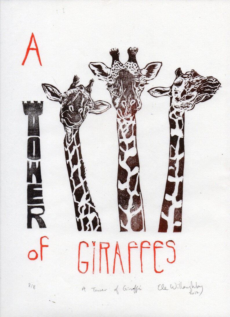 A Tower of Giraffes Print, Terms of Venery Collective Nouns for Animals, Typographic Lino Block Print image 5