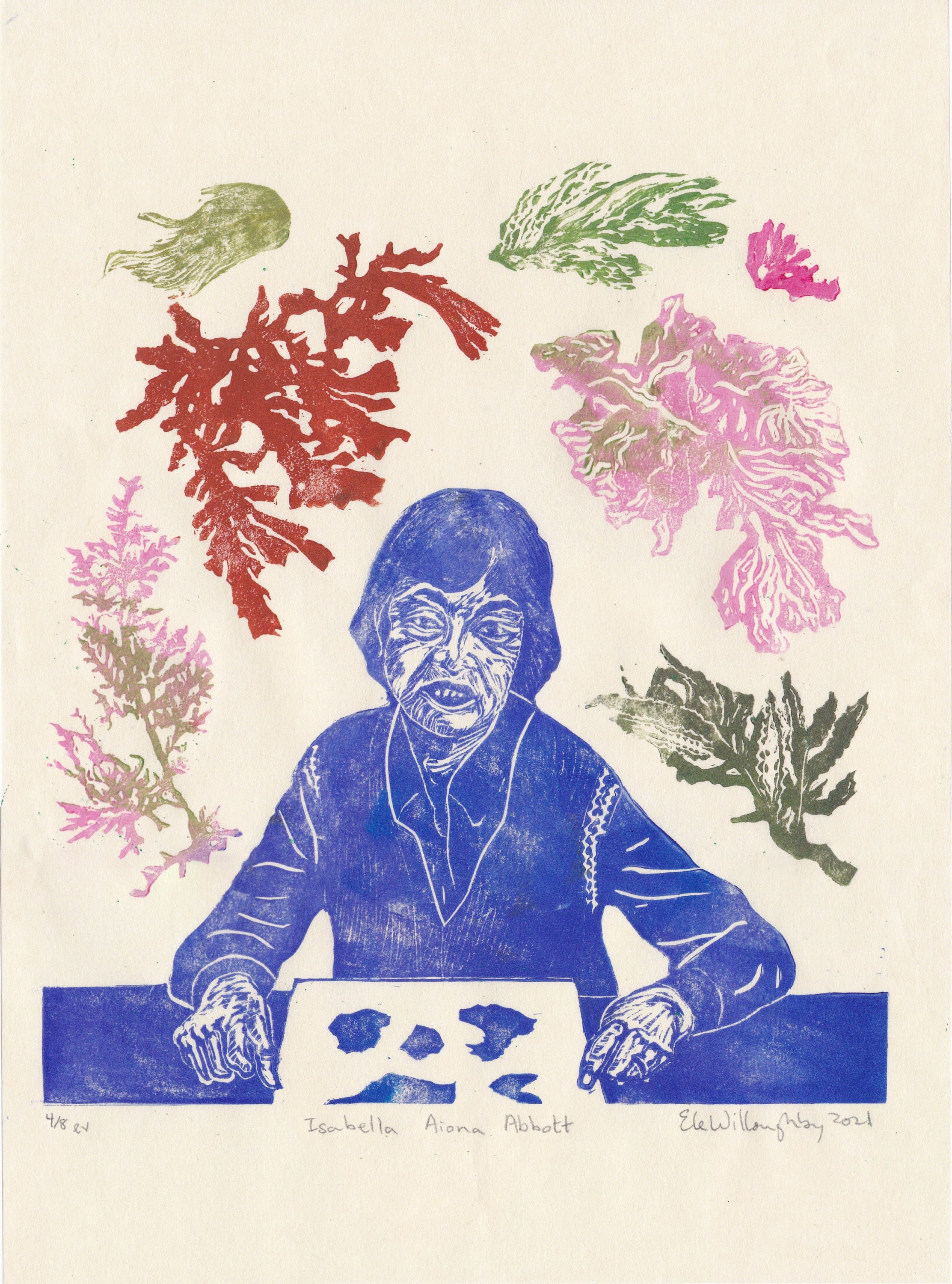 Lino block print of botanist Isabella Aiona Abbott, Native Hawaiian Phycologist, Algae and Edible Limu and Ethnobotany Expert