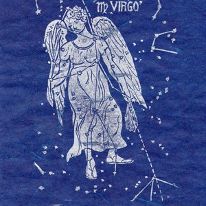 Virgo Constellation Linocut in Silver on Blue Constellations of the Zodiac Lino Block Print Collection Virgo Star Map image 3