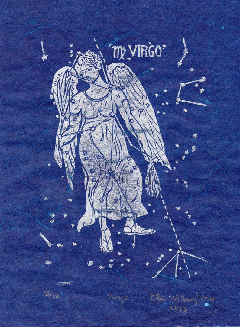 Virgo Constellation Linocut in Silver on Blue Constellations of the Zodiac Lino Block Print Collection Virgo Star Map image 3