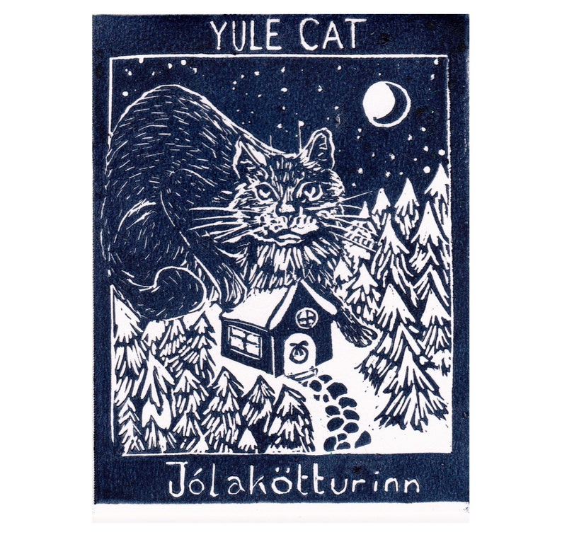 Set of 5 Printed Yule Cat Card, with Image of Linocut Gigantic Icelandic Christmas Cat, Jólakötturinn on Cabin in Woods image 4