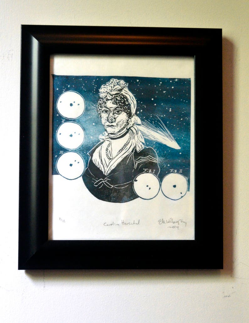 Portrait of Caroline Herschel, Pioneering Woman in Astronomy with Comets, Lino Block Print Astronomer, Woman in STEM image 9