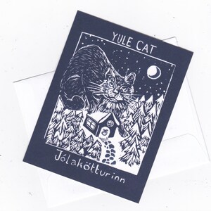 Set of 5 Printed Yule Cat Card, with Image of Linocut Gigantic Icelandic Christmas Cat, Jólakötturinn on Cabin in Woods image 1