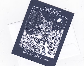 Set of 5 Printed Yule Cat Card, with Image of Linocut Gigantic Icelandic Christmas Cat, Jólakötturinn on Cabin in Woods