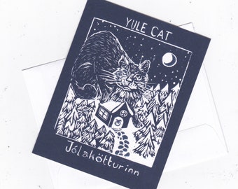 Set of 5 Printed Yule Cat Card, with Image of Linocut Gigantic Icelandic Christmas Cat, Jólakötturinn on Cabin in Woods