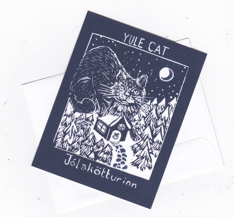 Set of 5 Printed Yule Cat Card, with Image of Linocut Gigantic Icelandic Christmas Cat, Jólakötturinn on Cabin in Woods image 1