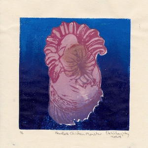 May include: A pink and purple print of a headless chicken monster on a blue background. The print is titled "Headless Chicken Monster" and signed "Ele Willoughby 2004".