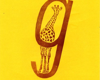 Giraffe G Monogram Print, Alphabet Typographic Lino Block Print