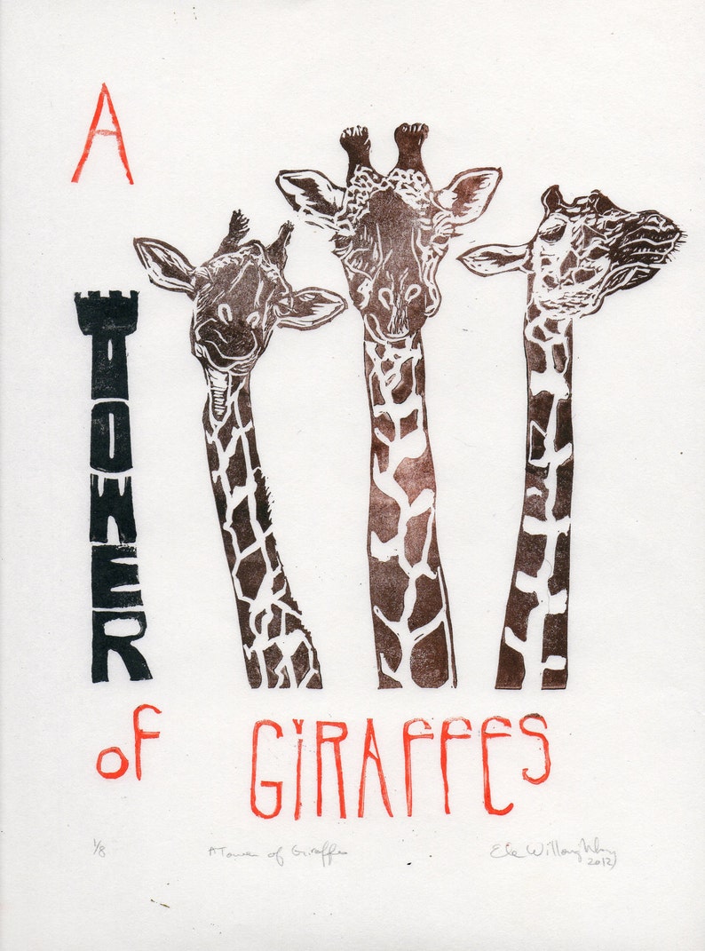 A Tower of Giraffes Print, Terms of Venery Collective Nouns for Animals, Typographic Lino Block Print image 2