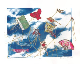 Blue Sky with Clouds Cyanotype with Lino Block Printed Kites and Collaged Japanese Papers
