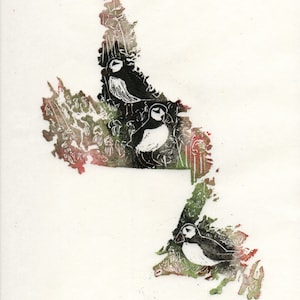 Neufundland und Labrador, Papageientaucher und Purpur-Kannenpflanzen, Karten der kanadischen Provinzen und Territorien mit Symbolen, Neufundland