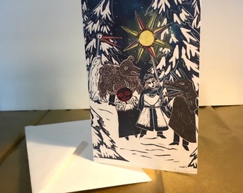 Set of 5 Cards With Envelopes with Print of Kolęda Caroling at Winter Solstice, Holiday Festival, Christmas and New Year