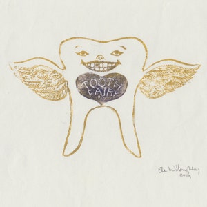 Tooth Fairy linocut, Lino Block Print of a Winged Tooth Fairy, Children's Art, Fairytale, Teeth image 2