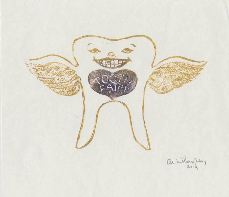 Tooth Fairy linocut, Lino Block Print of a Winged Tooth Fairy, Children's Art, Fairytale, Teeth image 2