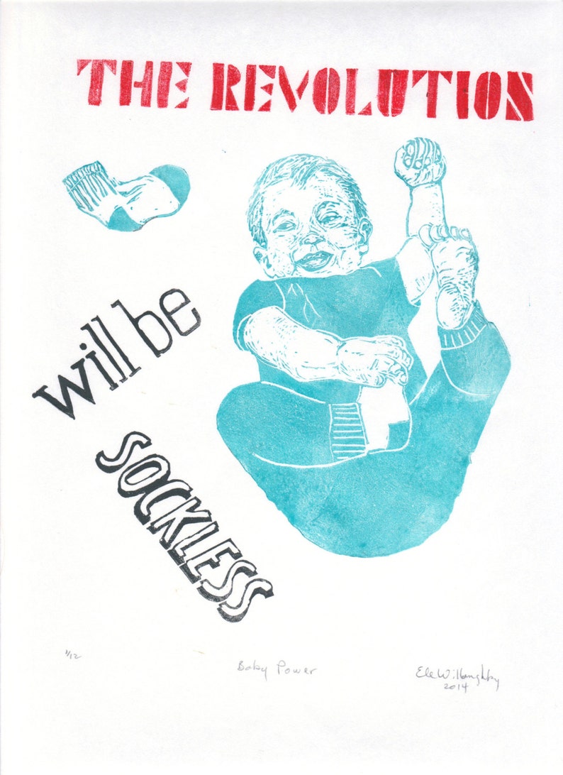 Baby Propaganda: The Revolution Will Be Sockless Linocut, Lino Block Print Baby with Typography, Nursery Art, Propaganda Poster image 2