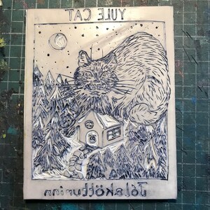 Set of 5 Printed Yule Cat Card, with Image of Linocut Gigantic Icelandic Christmas Cat, Jólakötturinn on Cabin in Woods image 9