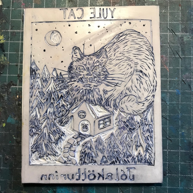 Set of 5 Printed Yule Cat Card, with Image of Linocut Gigantic Icelandic Christmas Cat, Jólakötturinn on Cabin in Woods image 9