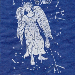 Virgo Constellation Linocut in Silver on Blue Constellations of the Zodiac Lino Block Print Collection Virgo Star Map image 4