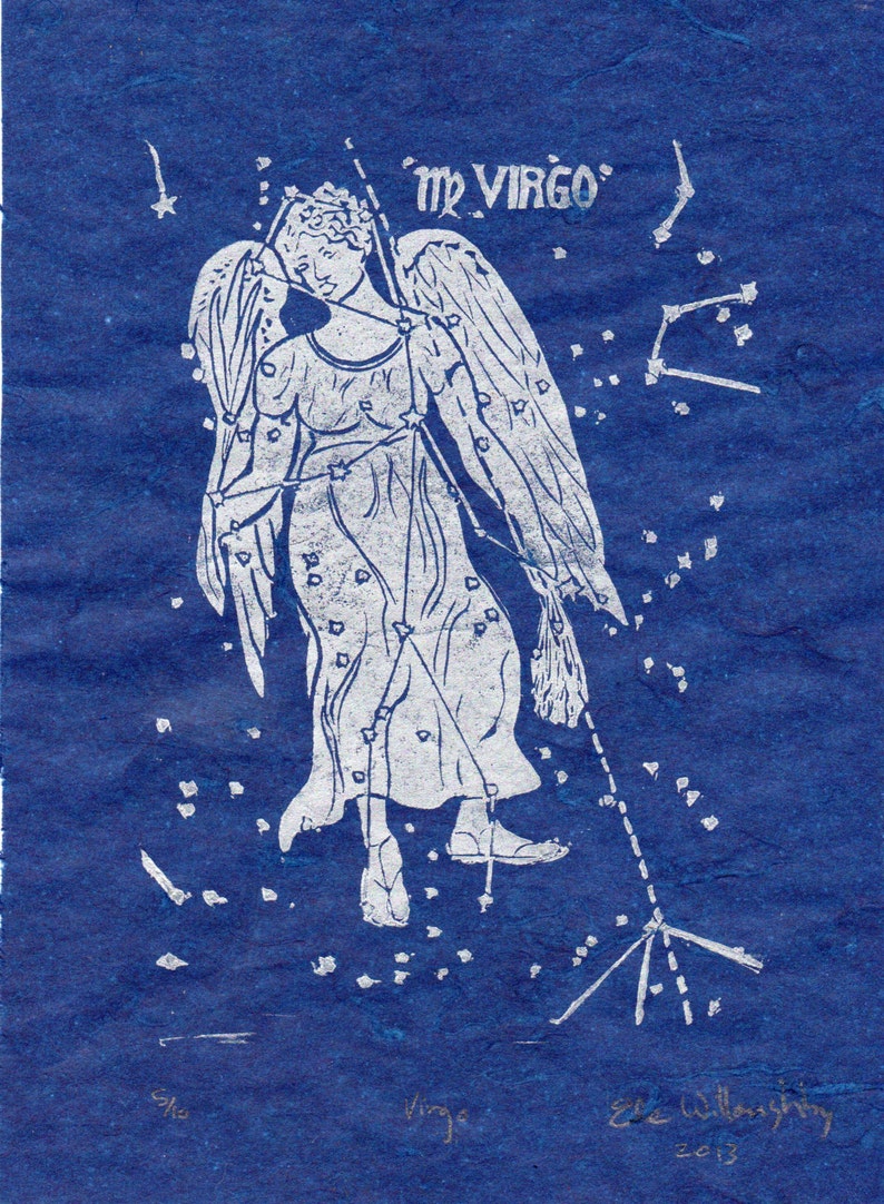 Virgo Constellation Linocut in Silver on Blue Constellations of the Zodiac Lino Block Print Collection Virgo Star Map image 4