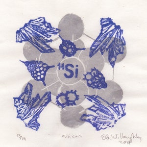 Silicon Print with Crystal, Quartz and Radiolarians, Periodic Table Lino Block Print Chemical Element Silicon image 1