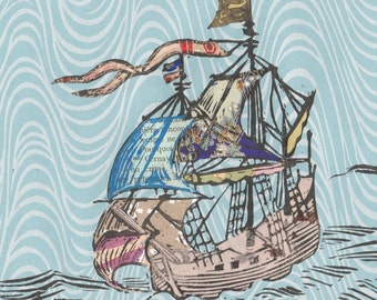 Sailing Ship XXIV - Block Print with Mixed Papers - Lino Block Print Historic Sailing Ship with Collaged Japanese Papers & Ephemera