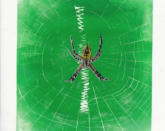 Linocut Yellow Garden Spider, An Orb Weaver in Its Web