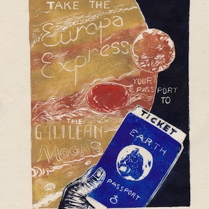 Europa Express Linocut, Space Travel Poster for the Galilean Moons of Jupiter