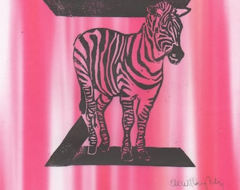 Zebra Z Monogram Linocut, Alphabet Typographic Lino Block Print with Animals, Z is for Zebra