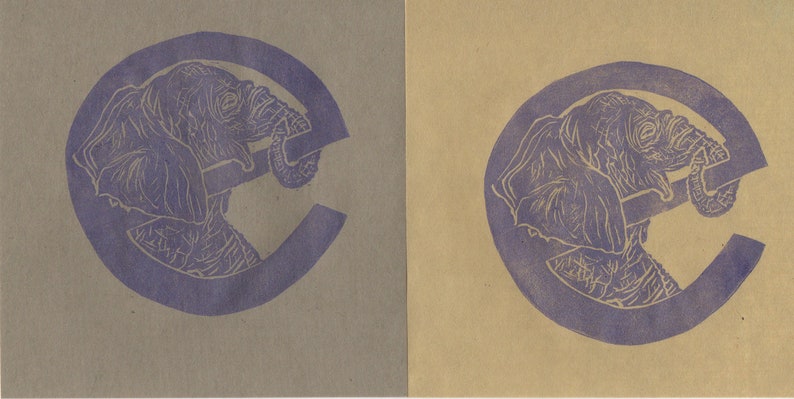 Elephant e Monogram Linocut, Alphabet Typographic Lino Block Print with Animal, E is for Elephant, Nursery Art, Kid's Illustration image 3