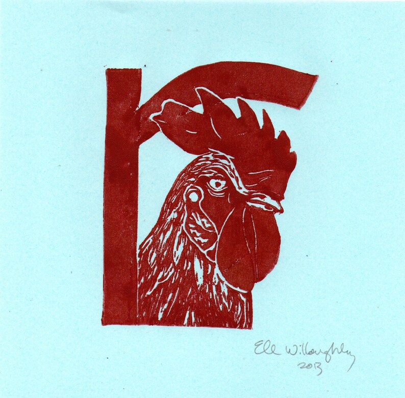 May include: A red rooster head and neck are partially visible behind a red letter 'R' on a light blue background. The artist's signature, "Elle Willoughby 2013", is in the bottom right corner.