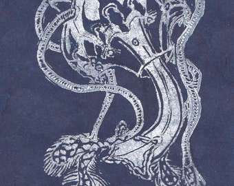Narcomedusae Jellyfish Linocut, Lino Block Print in White on Blue Japanese Paper of Beautiful Jellyfish Narcomedusa, Marine Biology