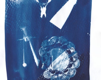 Tools and Lace Cyanotype, Fine Art Print of Objects: Pliers, Palette Knife, Lace, Compass, Netting