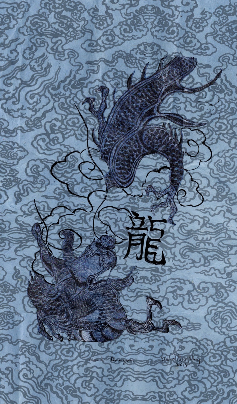 May include: A blue and black ink drawing of two dragons on a blue background with a cloud pattern. The drawing is signed "Cloud Dragon" and "Elle Willow May 2013". The Chinese character for "dragon" is written in black ink.