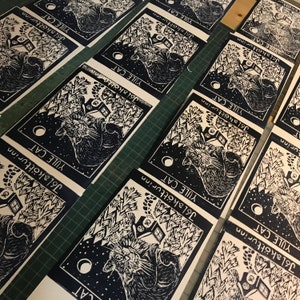 Set of 5 Printed Yule Cat Card, with Image of Linocut Gigantic Icelandic Christmas Cat, Jólakötturinn on Cabin in Woods image 7