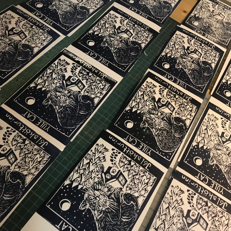Set of 5 Printed Yule Cat Card, with Image of Linocut Gigantic Icelandic Christmas Cat, Jólakötturinn on Cabin in Woods image 7