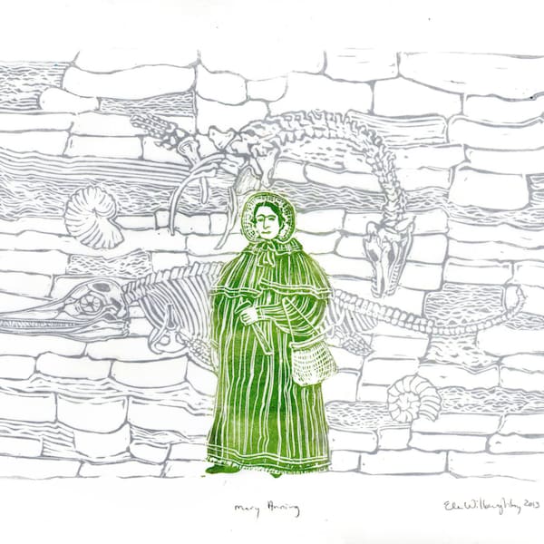 Mary Anning and Fossil Cliffs Linocut History of Paleontology, Women in STEM, Lino Block Print Scientist Portrait, Science, Dinosaur Fossils