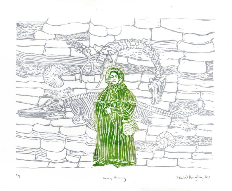 Mary Anning and Fossil Cliffs Linocut History of Paleontology, Women in STEM, Lino Block Print Scientist Portrait, Science, Dinosaur Fossils image 1