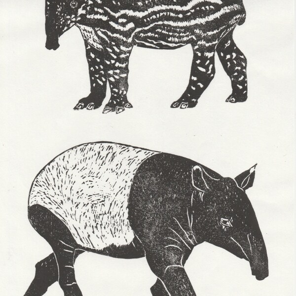 Tapir and Baby Linocut