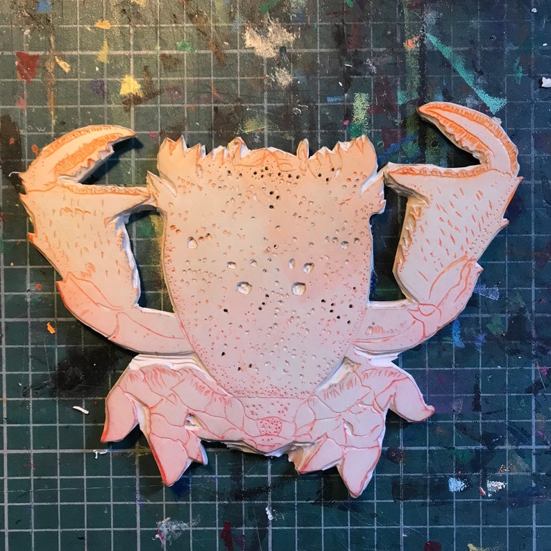 Lino Block Print Red Frog Crab, Ranina ranina, Spanner crab, True crab, Monarch of All Crabs image 6