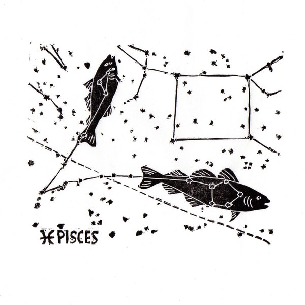 Pisces Constellation Print in Black and White, Constellations of the Zodiac Lino Block Print Collection