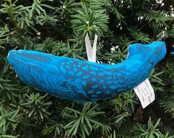 Wee Blue Whale Stuffie Ornament, Hand-Printed Linocut Blue Whale Stuffed Animal Christmas Ornament